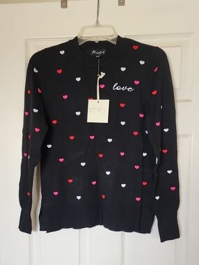 Black Sweater with Red Pink and White Heart Print